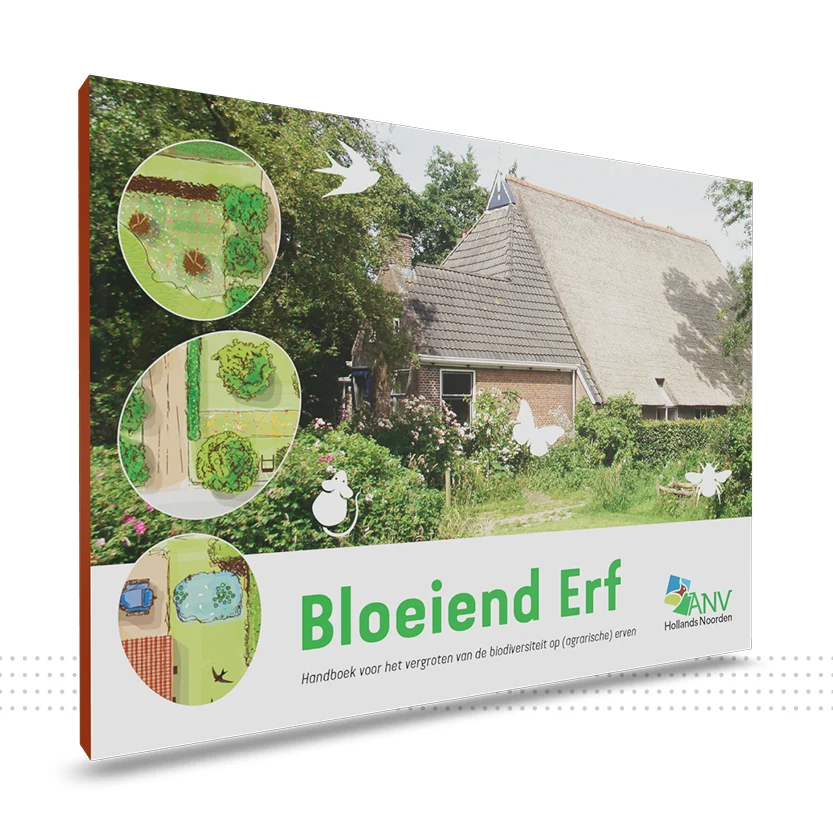 Boekcover van Bloeiend Erf over biodiversiteit op agrarische erven, voorbeeld van een boek laten vormgeven.