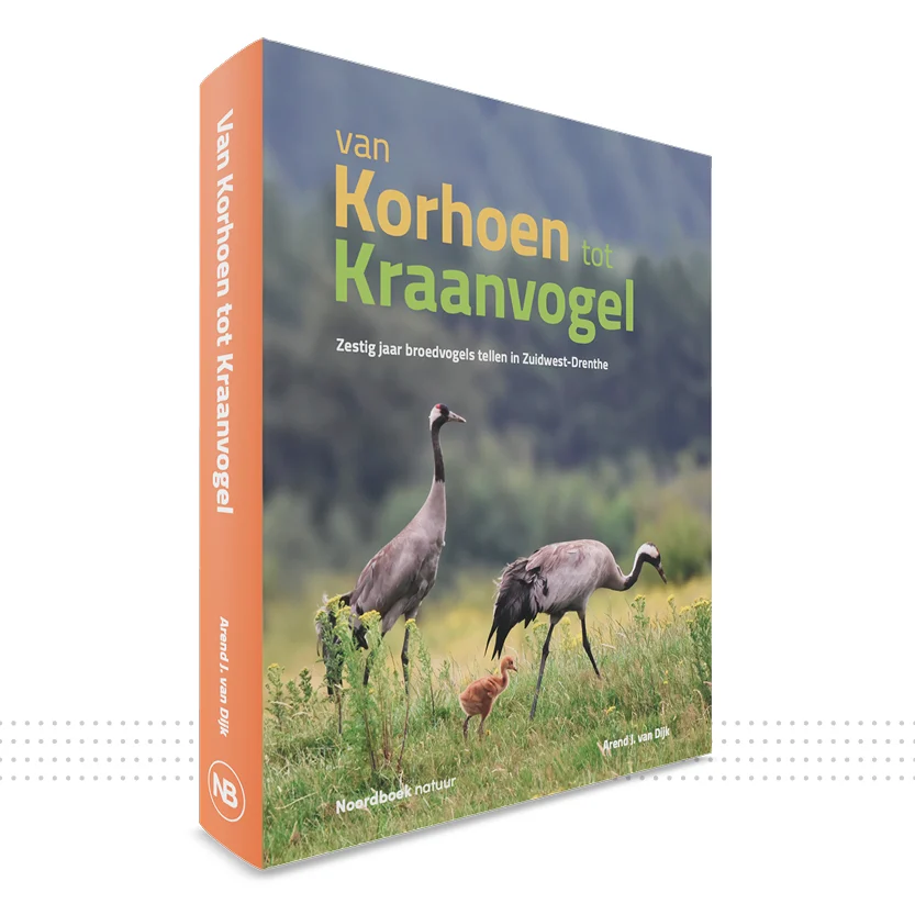 Boek KorhoentoKraanvogel; boek laten vormgeven met twee kraanvogels en een jong op de omslag.