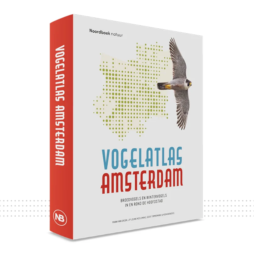 VogelatlasAmsterdam-boek met vliegende roofvogel en professionele boekopmaak.
